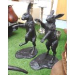 BRONZES, a pair, of boxing hares, 75cm H.