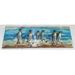 WALL HANGING, in metal, of penguins, 150cm x 50cm.