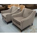 ROBERT LANGFORD ARMCHAIRS, a pair, grey velvet with cream piping, 70cm W.