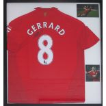 STEVEN GERRARD, signed football strip and photographs, framed, 94cm x 84cm.