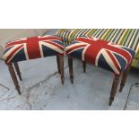 FOOTSTOOLS, a pair, with Union Jack design fabric, on turned fluted supports, 49cm x 25cm x 45cm H.