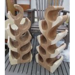 WOODEN WINE BOTTLE RACKS, a pair, contemporary polished wood design, freestanding, 68cm H x 28cm W.