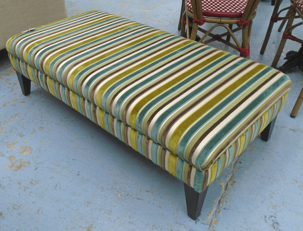 FOOTSTOOL, in a striped velvet fabric on square supports, 120cm x 60cm x 34cm H.