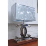 CO-CO TABLE LAMP, Chanel design, plated metal stand with rectangular satin grey shade, 60cm H,