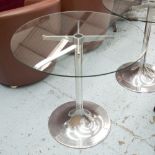 CAFE TABLE, circular plate glass and polished aluminium support, 77cm diam. x 75cm H.