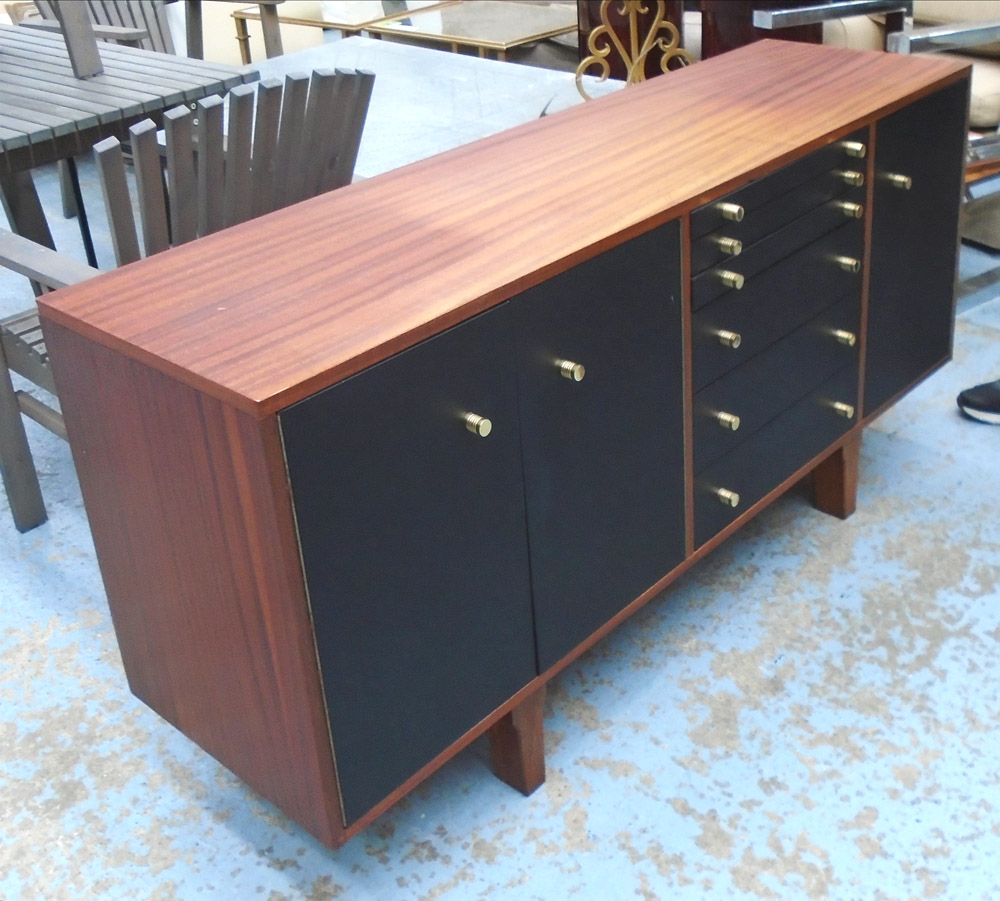 SIDEBOARD, with black doors and gilt metal handles, 42cm D x 77cm H x 164cm W.