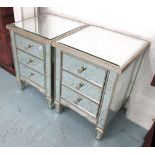 MIRRORED SIDE CHESTS, a pair, with three drawers below, on square supports, 50cm x 45cm x 67cm H.
