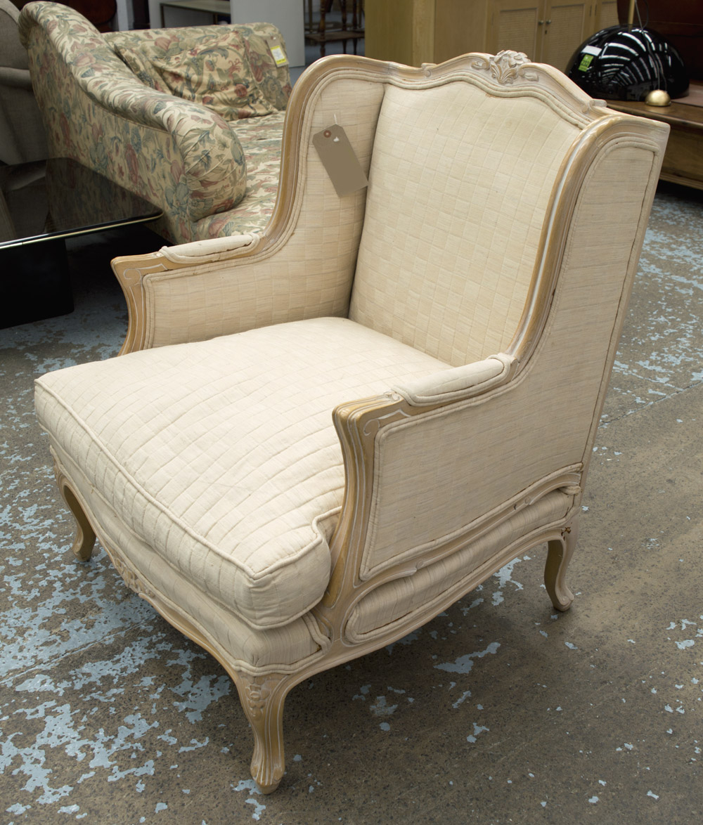 ARMCHAIRS, a pair, French style in neutral fabric, in limed oak, 78cm W.
