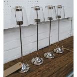 TEA LIGHT LAMPS, four, standing lamp form chrome with glass shades, 45cm H.