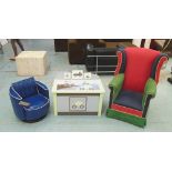 CHILD'S BLUE ART DECO STYLE ARMCHAIR, a child's wingback chair, and toy chest.