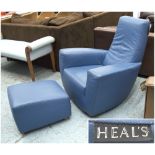 ARMCHAIR, Longo, by Heals, in blue leather with footstool, 94cm W x 94cm H x 83cm D.