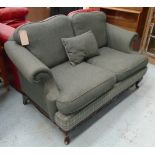 SOFA, two seater, in grey fabric on ornate frame with cabriole supports, 171cm L.