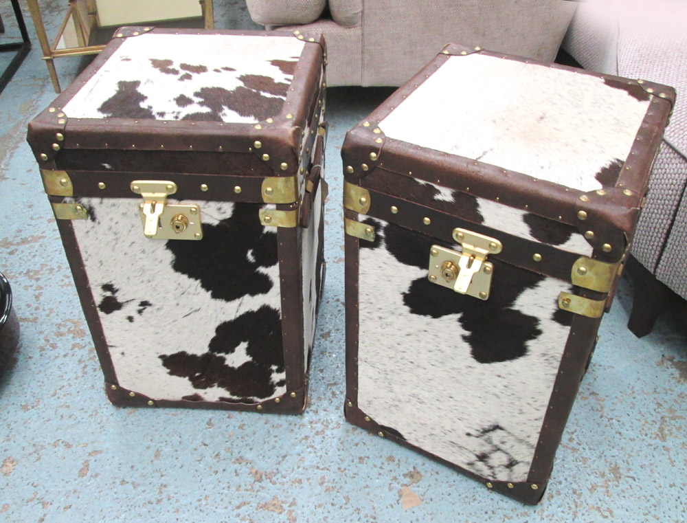 TRUNKS, a pair, in cowhide finish, 36cm x 36cm x 56cm H.