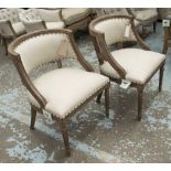 SIDE CHAIRS, a pair, oak framed in neutral fabric, with studs, 60cm W.