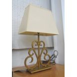 TABLE LAMP, scrolled base, 62cm H including shade.