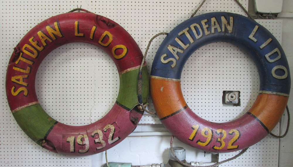 LIFE BUOY RINGS, a pair, decorative vintage style, marked: 'Saltdean Lido' 1932,