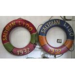 LIFE BUOY RINGS, a pair, decorative vintage style, marked: 'Saltdean Lido' 1932,