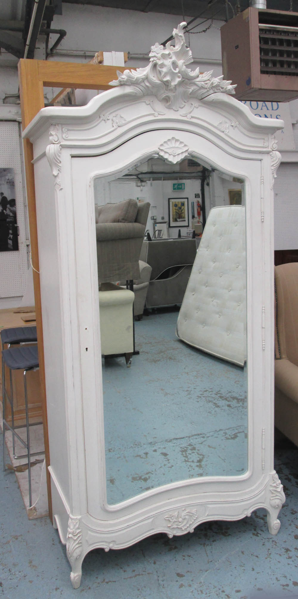 ARMOIRE, Louis XV style white painted with a bevelled mirrored door, 235cm H x 58cm D x 11cm W.
