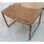 FOOTSTOOL, with a geometric gold and brown fabric on distressed gilded frame, 62cm x 40cm x 42cm H.