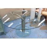 DINING TABLE, with circular glass top and metal column, 150cm W x 75cm H.