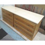 CHESTS, a pair, with three drawers below a marble top, 79cm x 44cm x 57cm H.