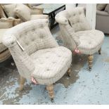BEDROOM CHAIRS, a pair, button back, in printed fabric on front castors, 66cm W.