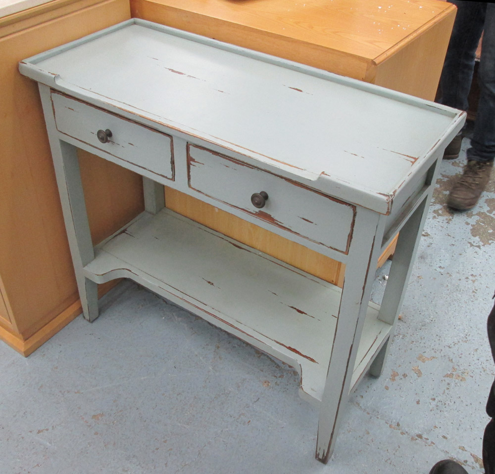 SIDE/KITCHEN TABLE, shabby chic design, blue painted, with two drawers and shelf below,