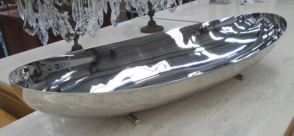 TABLE CENTRE BOWL, long Contemporary design, plated metal on raised base, 11cm H x 28cm W x 74cm L.