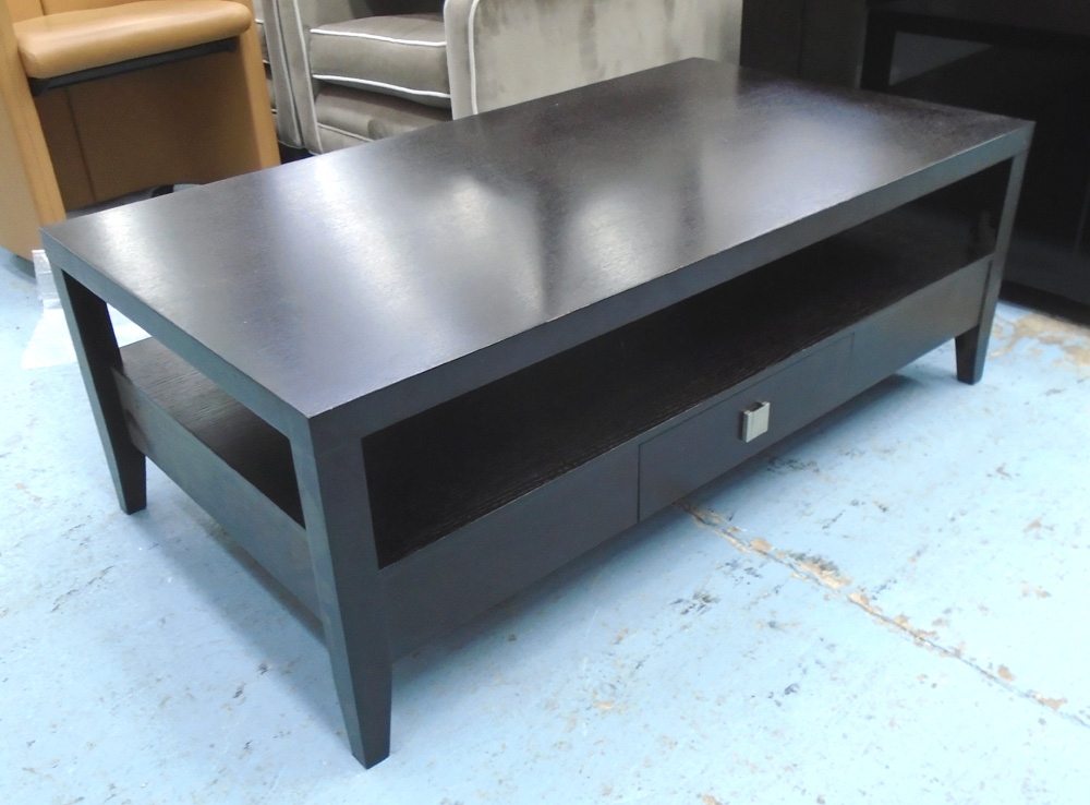 LOW TABLE, dark wood finish, with undertier and drawer, 120cm W x 65cm D x 44cm H.