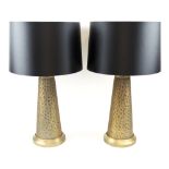 CONTEMPORARY TABLE LAMPS, a pair, conical hand beaten brass bases with noir shades, 68cm H.