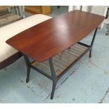 LOW TABLE, 1950s with undershelf on ebonised supports, 109cm x 50cm x 55cm H.