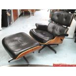 LOUNGER AND STOOL, Charles Eames design black leather upholstered and veneered bent plywood framed.