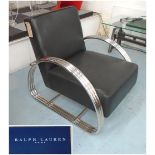 RALPH LAUREN ARMCHAIR, in black leather upholstery, on a chromed metal, Art Deco style frame,