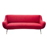 SOFA, 1950s in red upholstery Zanusso style on spindle supports, 200cm long.