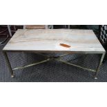 LOW TABLE, 1970's rectangular onyx inset with 'x' stretcher square section brass supports,