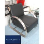 RALPH LAUREN ARMCHAIR, in black leather upholstery, on a chromed metal, Art Deco style frame,