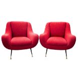 ARMCHAIRS, a pair, 1950s in red upholstery Zanusso style on spindle supports, 84cm wide. (2).