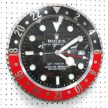 ROLEX GMT STYLE WALL CLOCK, circular and battery operated, 34cm diam.