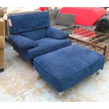 LIGNE ROSET ARMCHAIR, blue upholstery, 100cm W x 90cm D x 88cm H, with matching footstool.