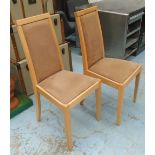 DINING CHAIRS, a set of eight, beech frame with suede seat and back, 45cm W x 44cm D x 98cm H.