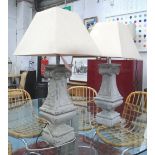 TABLE LAMPS, a pair, of classical style in a distressed grey finish with ivory shades, 74cm H.