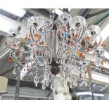 CHANDELIER, fifteen branch, Murano style, with colour glass drops on a metal frame,