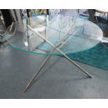 DINING TABLE, circular, with glass top on 'X' framed chrome base, 120cm diam. x 73cm H.