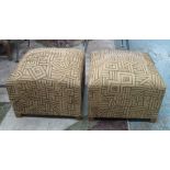 STOOLS, a pair, padded cube form upholstered in traditional African textile, 53cm x 53cm x 40cm H.