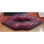 'LUSCIOUS LIPS', red mirrored, mosaic novelty wall plaque, 80cm x 38cm.