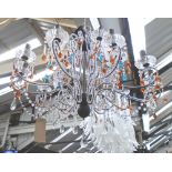 CHANDELIER, fifteen branch, Murano style, with colour glass drops on a metal frame,