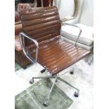 REVOLVING DESK CHAIR, Charles Eames design by Vitra, ribbed tan leather,