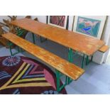 'BIER KELLER' DINING TABLE, wooden top with green metal supports,
