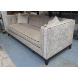 SOFA, two seater in cream fabric button back on square supports with two scatter cushions,