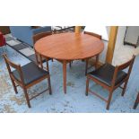 DINING TABLE, 1970's, by 'McIntosh', circular with one extra leaf and four chairs,